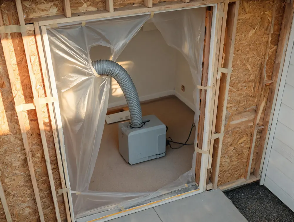 Negative air machine ducted through containment sheeting