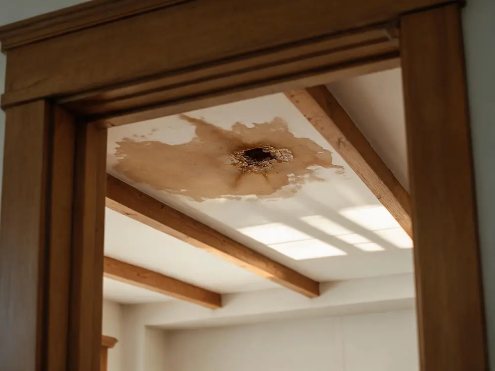 Brown water stain spreading across a ceiling below a leak