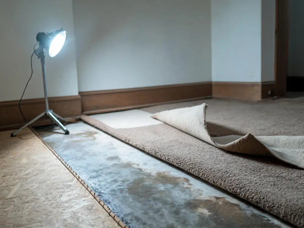 Carpet pulled back to expose the damp pad beneath
